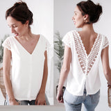 Free Shipping Lady Sexy Backless Lace Shirt Women Summer Short Sleeve Ruffle Lace Blouse White Tops 80808