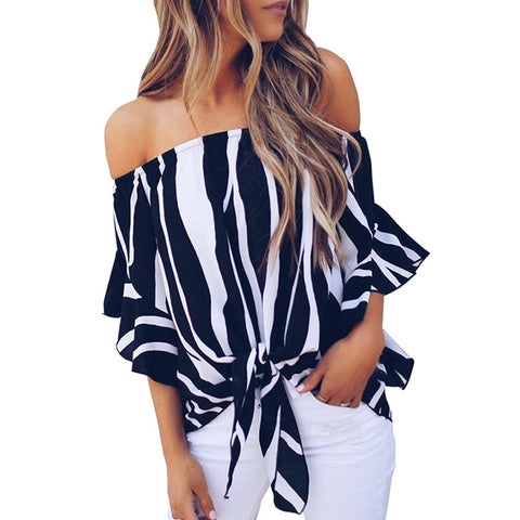 Striped Print Chiffon Tops