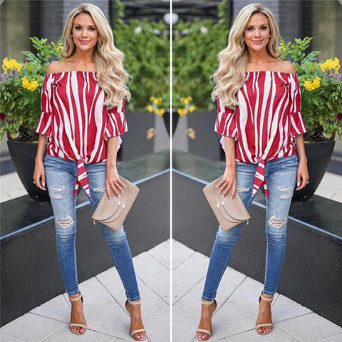 Striped Print Chiffon Tops