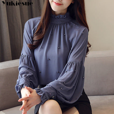 Fashion long sleeve women slim shirt ruffles solid color elegant ruffles chiffon blouse office ladies formal plus size tops