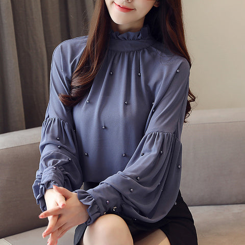 Fashion long sleeve women slim shirt ruffles solid color elegant ruffles chiffon blouse office ladies formal plus size tops