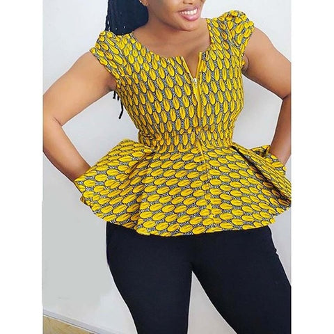 Yellow Printed V-Neck Summer High Waist Blouse African Women Short Sleeve Vintage Ethnic Elegant Zipper Plus Size Ruffles Tops