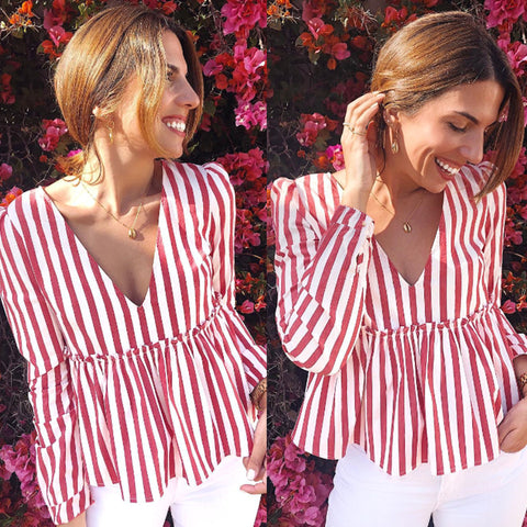 Sexy Low Cut Striped Blouse