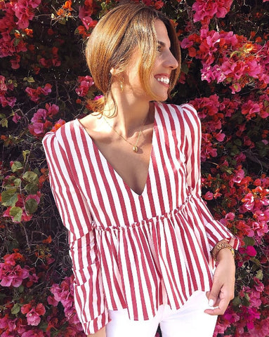 Sexy Low Cut Striped Blouse