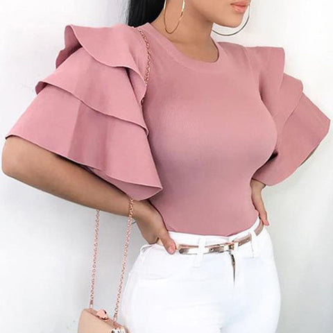 Pink Summer Tops for Women Short Flare Sleeve Blouse Peplum Shirt Ladies Long Office Shirts Plus Size Xl Ruffle Blouse Femme