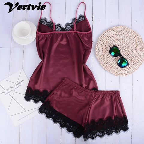 2pcs Satin  Lace Sleepwear