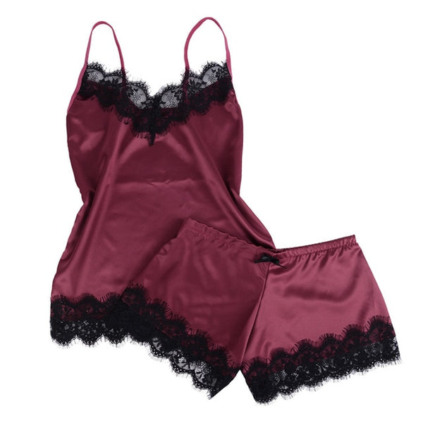 2pcs Satin  Lace Sleepwear