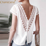 Free Shipping Lady Sexy Backless Lace Shirt Women Summer Short Sleeve Ruffle Lace Blouse White Tops 80808