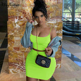 Hugcitar spaghetti straps sexy camis skirt 2 two piece set 2019 summer women fashion neon green orange solid party streetwear