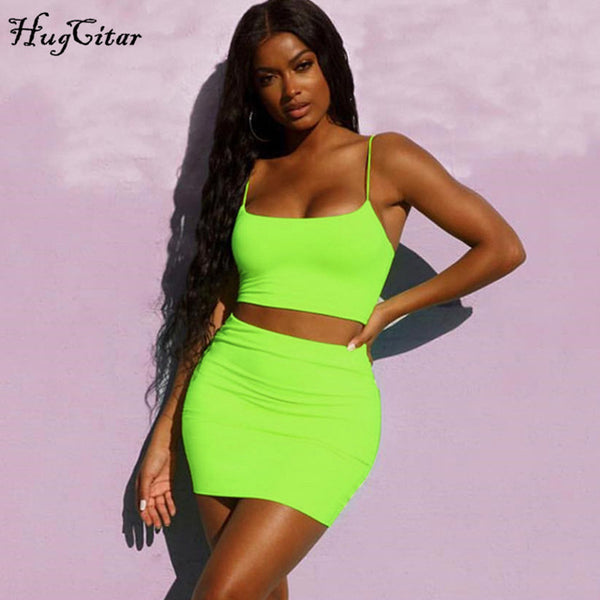 Hugcitar spaghetti straps sexy camis skirt 2 two piece set 2019 summer women fashion neon green orange solid party streetwear