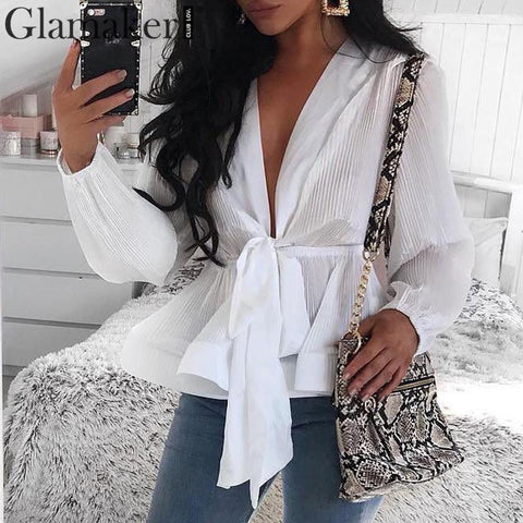 Glamaker Sexy pleated chiffon lace up blouse shirt Women summer ruffle deep v neck blouse Ladies lantern sleeve shirt office top