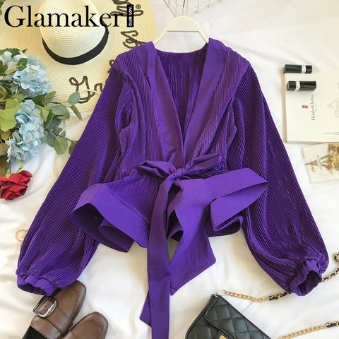 Glamaker Sexy pleated chiffon lace up blouse shirt Women summer ruffle deep v neck blouse Ladies lantern sleeve shirt office top