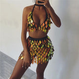 Sexy Handcrafted Sequins Patchwork Top and Mini Skirt Sets